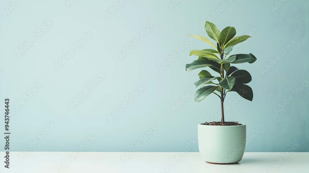 Minimalist still life of a single potted plant on a plain white table surface with ample blank copy space for design elements product placement or other content Minimalist still life of a single potted plant on a plain white table surface with ample blank copy space for design elements product placement or other content