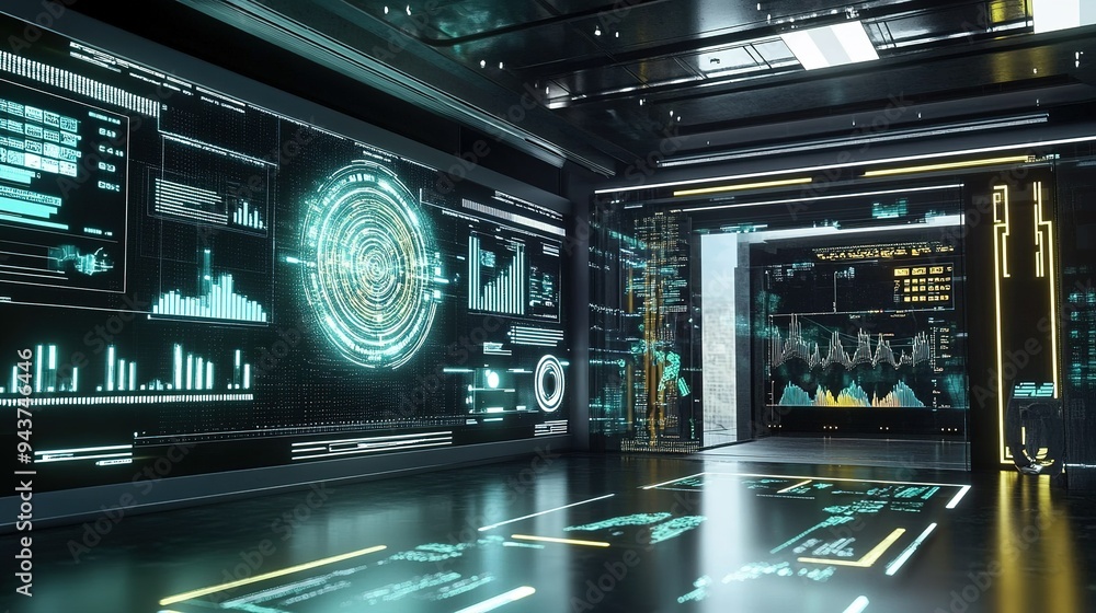 Futuristic control room with advanced holographic displays showcasing data analytics and visualizations at dusk Futuristic control room with advanced holographic displays showcasing data analytics and visualizations at dusk