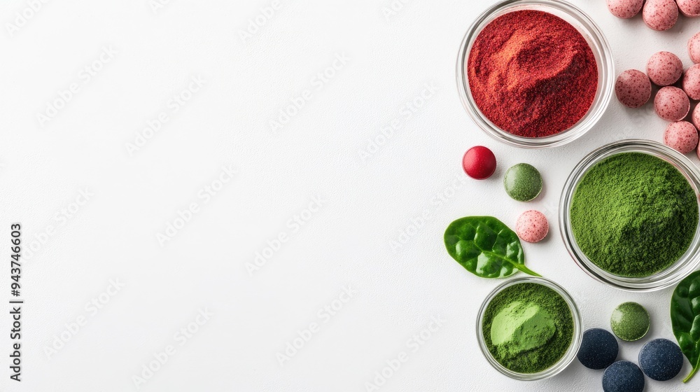 Green and Red Powder Supplements with Pills on White Background Green and Red Powder Supplements with Pills on White Background