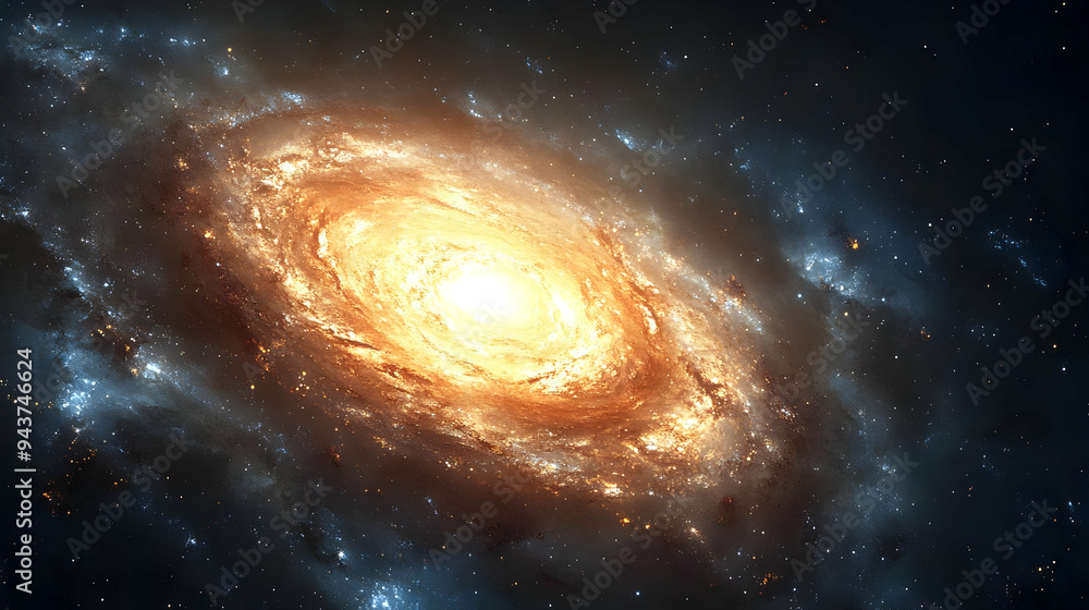 A spiral galaxy with a bright core, surrounded by stars and dust. A spiral galaxy with a bright core, surrounded by stars and dust.