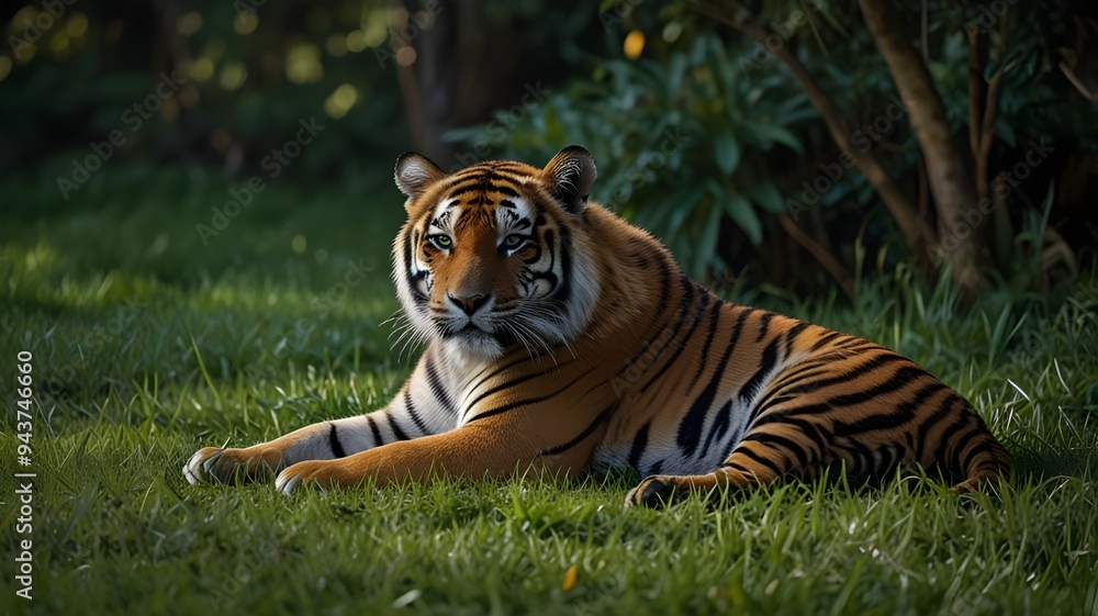 Fototapeta premium Close Up of a A Siberian tiger, resting in a lush, green meadow, one of the world's most iconic and endangered creatures.