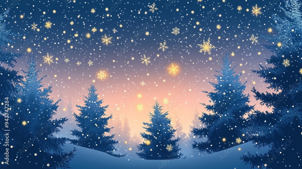 Snowflakes gently fall over a serene snowy landscape with evergreen trees at twilight, creating a peaceful winter atmosphere Snowflakes gently fall over a serene snowy landscape with evergreen trees at twilight, creating a peaceful winter atmosphere