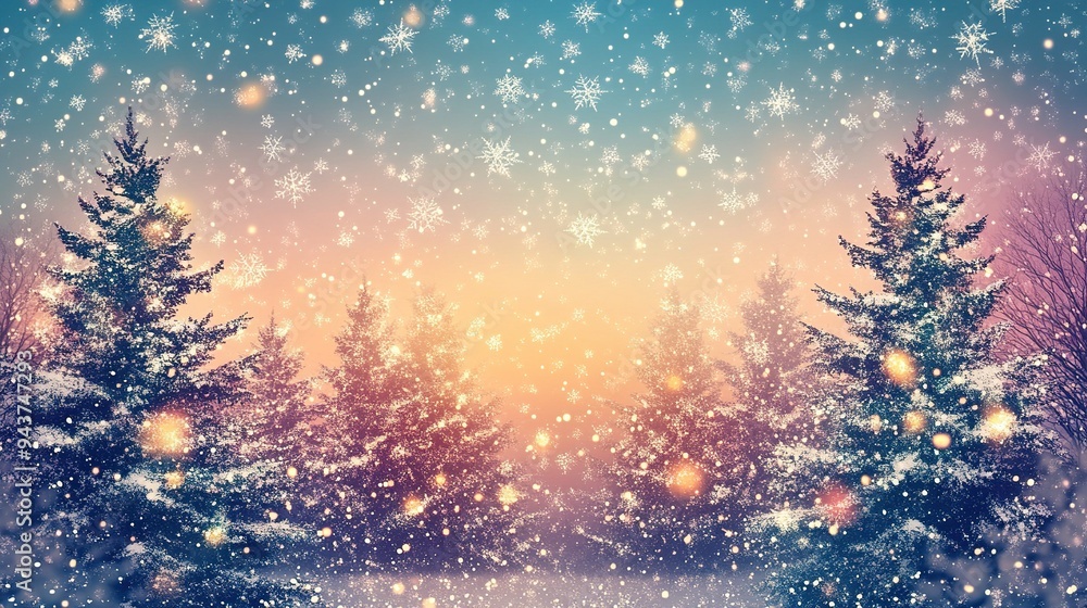 A serene winter landscape filled with falling snowflakes and evergreen trees at sunset, creating a magical atmosphere A serene winter landscape filled with falling snowflakes and evergreen trees at sunset, creating a magical atmosphere