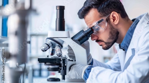 Laboratory technician analyzing chemical compounds under a microscope