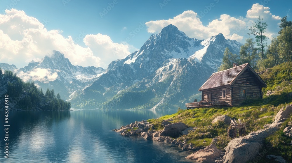 Fototapeta premium A rustic cabin perched on a hillside, overlooking a tranquil lake and majestic mountains
