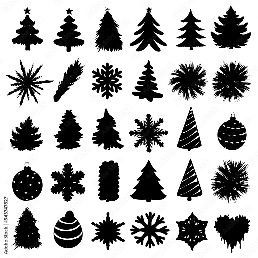 Obraz premium Silhouettes of festive Christmas trees and ornaments for holidays