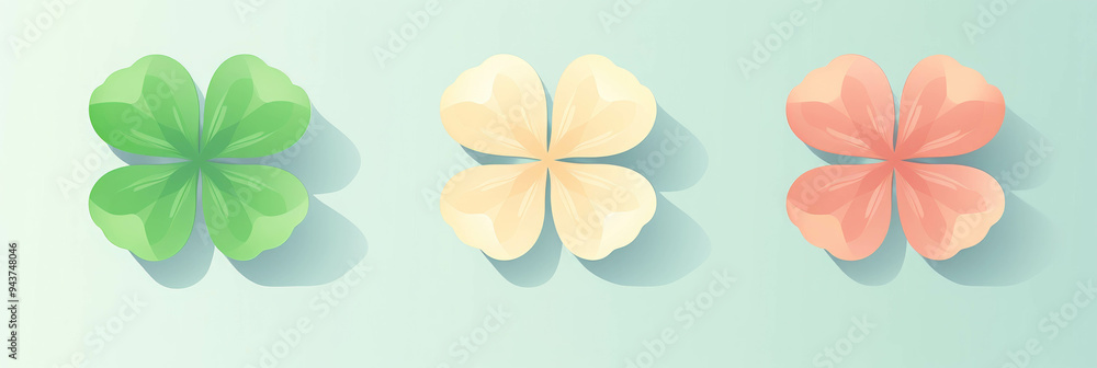 Lucky Trio: Three paper-cut clovers, rendered in shades of green, cream, and peach, stand out against a serene blue background, symbolizing luck, fortune, and optimism. 