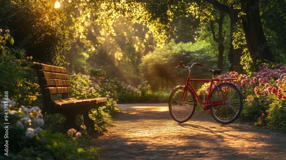 Fototapeta premium A beautiful park scene with a red bicycle resting on a path surrounded by lush greenery and vibrant flowers. The warm sunlight creates a serene atmosphere. Perfect for outdoor themes. AI