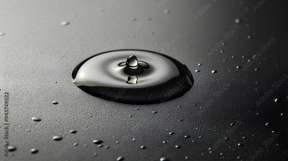 A single captivating droplet of water resting on a smooth reflective surface creating a peaceful and serene scene with abundant copy space for text or design elements A single captivating droplet of water resting on a smooth reflective surface creating a peaceful and serene scene with abundant copy space for text or design elements
