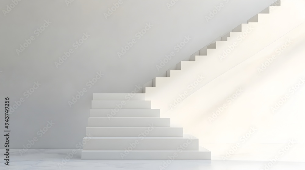 Minimalist and Contemporary White Staircase with a Single Highlighted Step Providing Ample Copy Space for Text Overlay or Graphic Design Elements Minimalist and Contemporary White Staircase with a Single Highlighted Step Providing Ample Copy Space for Text Overlay or Graphic Design Elements