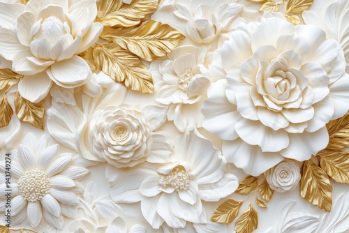 Golden leaves and buds adorn a white background with peonies in stucco.