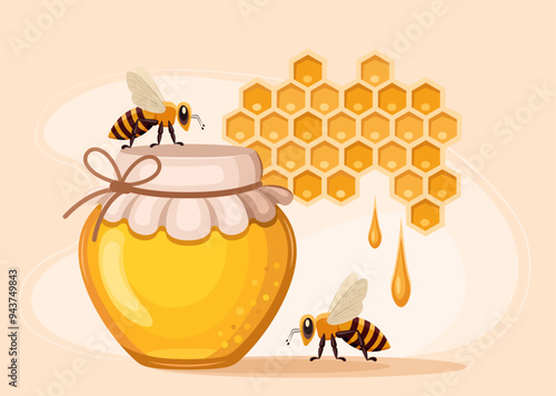 Jar with honey, bee, honeycomb and drops of honey. Concept of honey production and sale, advertising banner, label for honey trade, proper nutrition and healthy lifestyle. Vector illustration.