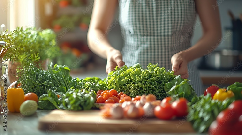 Woman chopping vegetables on a kitchen counter surrounded by fresh produce Woman chopping vegetables on a kitchen counter surrounded by fresh produce