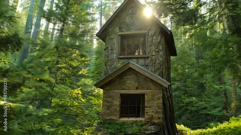 Unique treehouse nestled in the forest with natural light filtering through trees during daylight hours Unique treehouse nestled in the forest with natural light filtering through trees during daylight hours