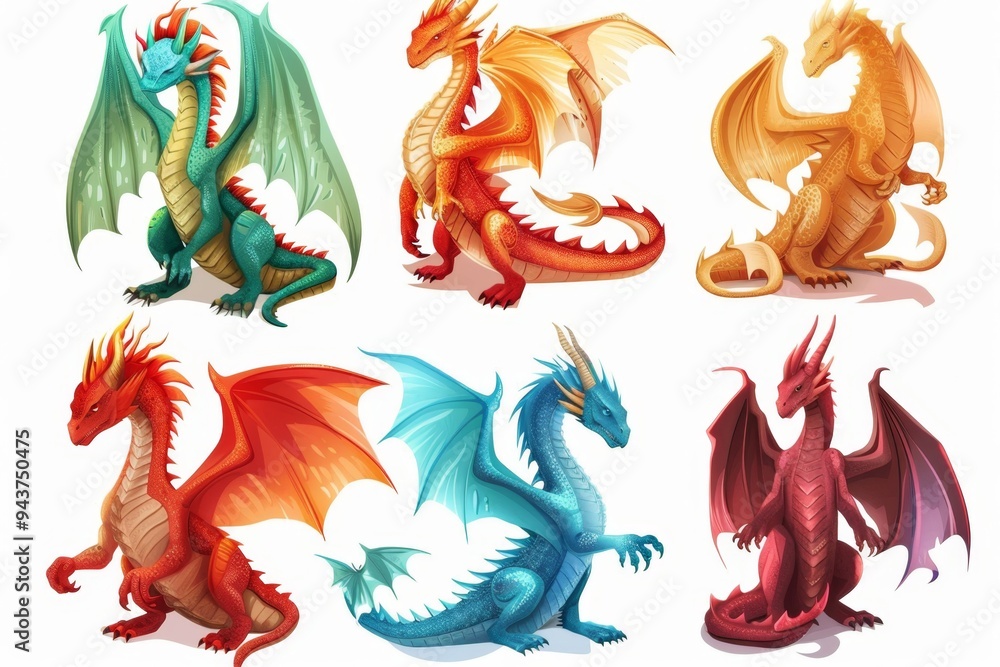 Dragons icon set, dino symbols, 3d realistic dinosaurs isolated, monster animals Dragons icon set, dino symbols, 3d realistic dinosaurs isolated, monster animals