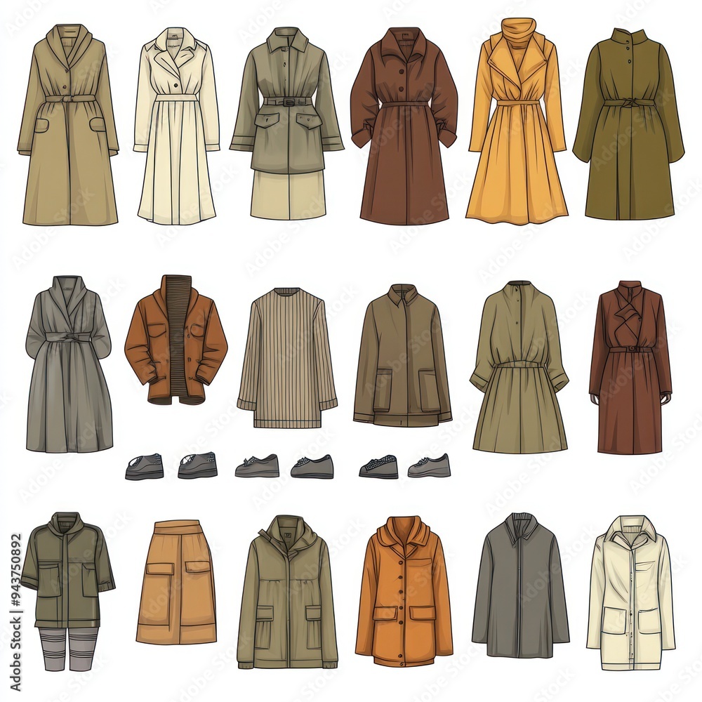 A collection of illustrated coats and jackets in various styles and colors. A collection of illustrated coats and jackets in various styles and colors.