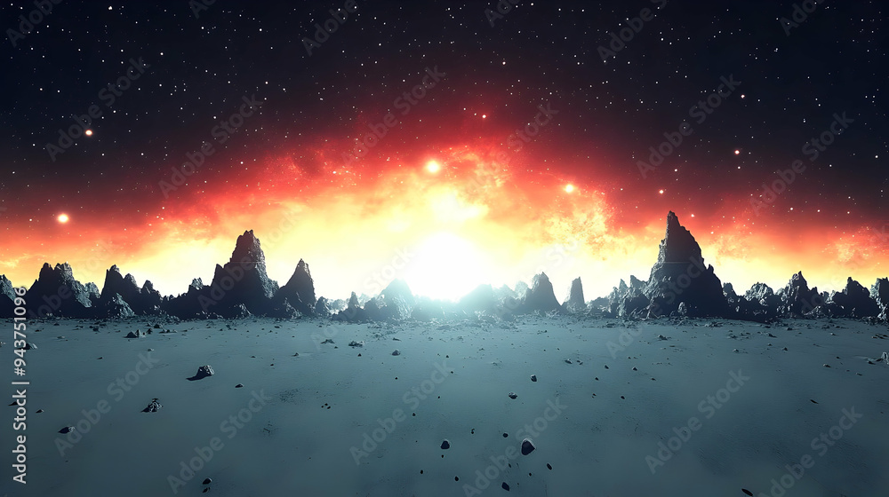 Fototapeta premium A stunning view of a distant planet with a fiery sky and a majestic mountain range.