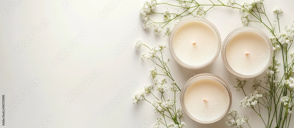 Set for homemade natural eco soy wax candles on a white background Crafting DIY candles Top view copyspace