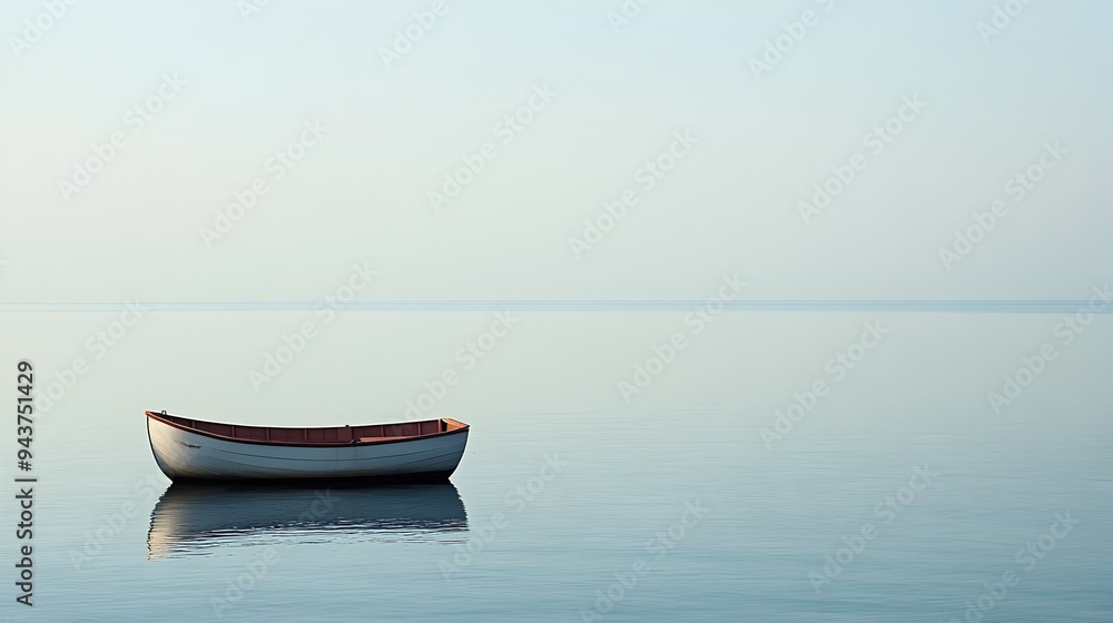 Serene and tranquil scene of a solitary boat floating on a calm empty sea with a beautiful horizon line and copy space for text or graphic overlay Serene and tranquil scene of a solitary boat floating on a calm empty sea with a beautiful horizon line and copy space for text or graphic overlay
