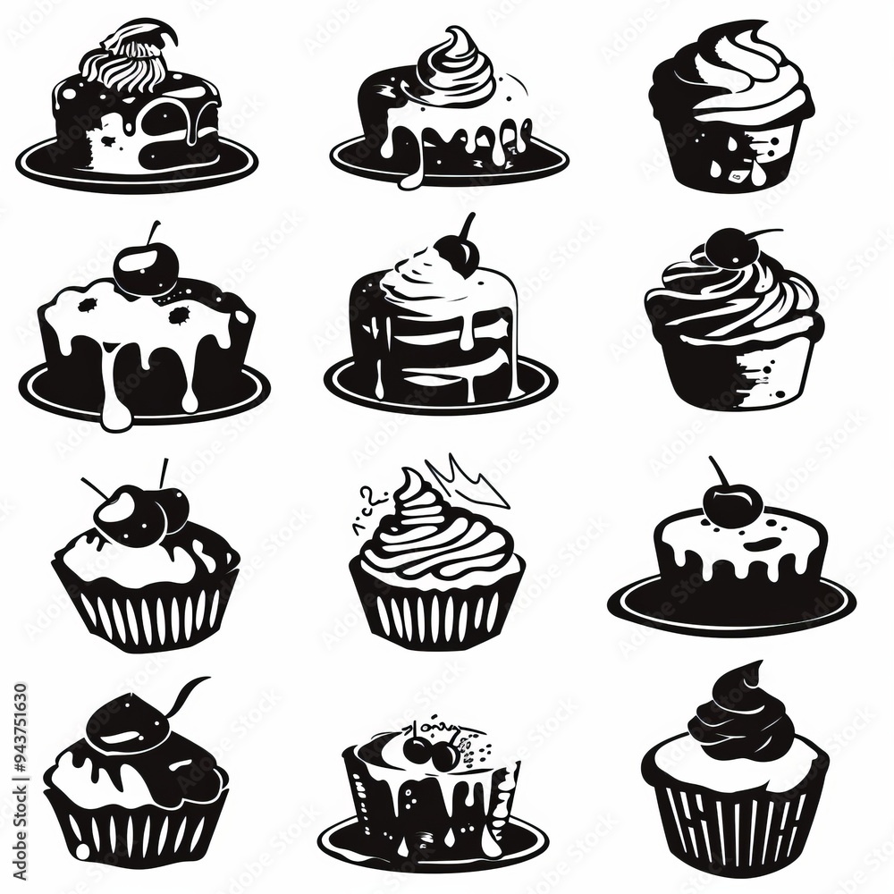 Cakes icon set, desserts, cupcakes symbols, sweets sign, bakery design elements, bakery pastry, biscuits Cakes icon set, desserts, cupcakes symbols, sweets sign, bakery design elements, bakery pastry, biscuits
