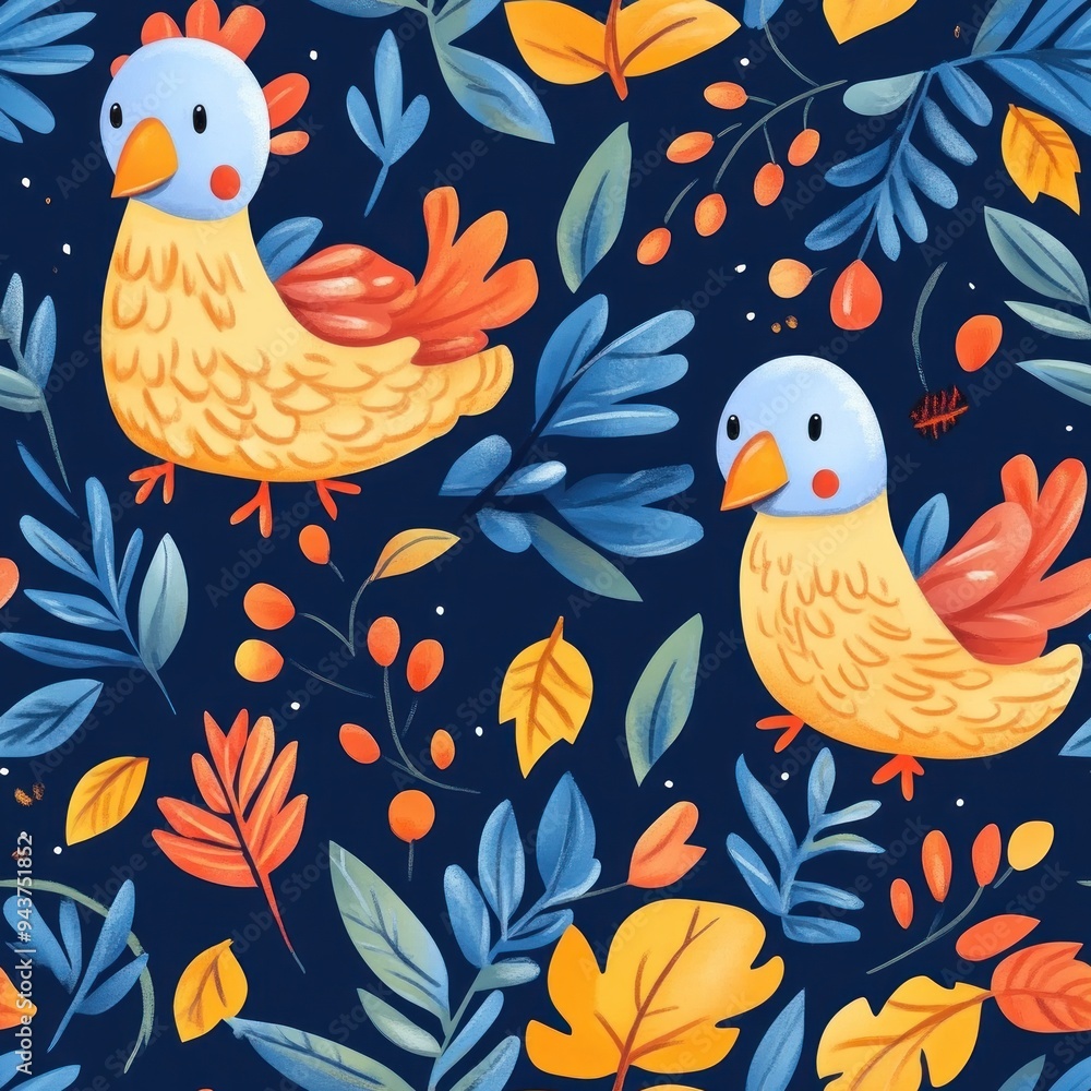 Colorful illustration of birds and leaves on a dark background. Colorful illustration of birds and leaves on a dark background.