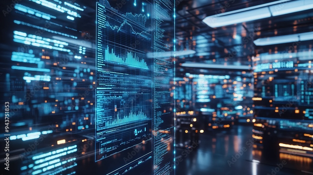 Modern data center filled with glowing screens showcasing analytics and digital information in a high-tech environment Modern data center filled with glowing screens showcasing analytics and digital information in a high-tech environment
