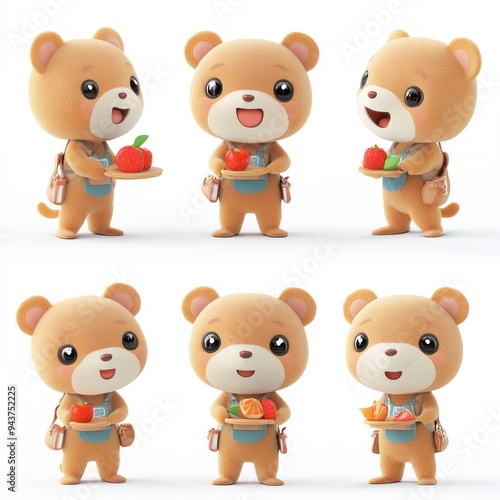 Wallpaper Mural Cute bear character holding a plate of fruit, showcasing playful and cheerful expressions. Torontodigital.ca