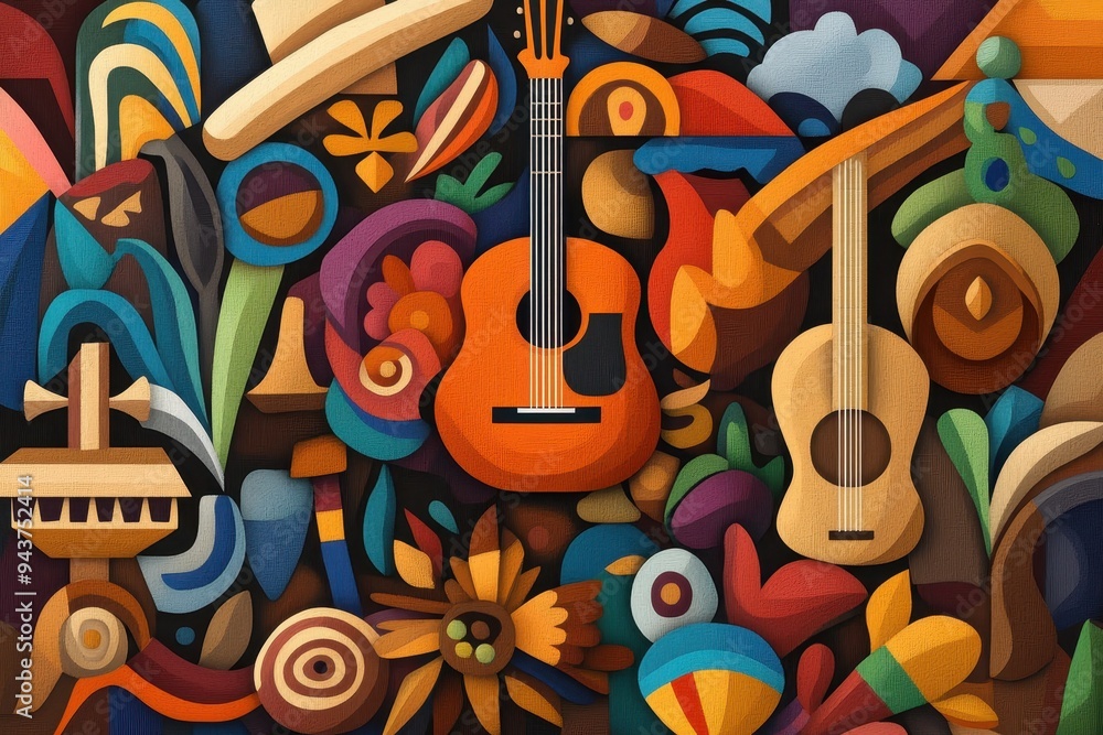 Cultural Symbols Collage: A collage of iconic Hispanic symbols like guitars, maracas, sombreros, and religious artifacts, arranged in a dynamic composition. Cultural Symbols Collage: A collage of iconic Hispanic symbols like guitars, maracas, sombreros, and religious artifacts, arranged in a dynamic composition.