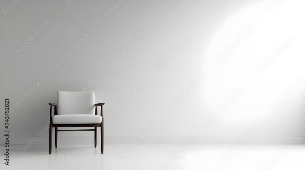 Minimalist clean and serene image of a single chair placed in an empty white room providing ample copy space for text or graphic overlays Minimalist clean and serene image of a single chair placed in an empty white room providing ample copy space for text or graphic overlays