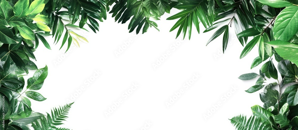 Tropical tree leaves with branches on a white isolated background create a green foliage backdrop. with copy space image. Place for adding text or design Tropical tree leaves with branches on a white isolated background create a green foliage backdrop. with copy space image. Place for adding text or design