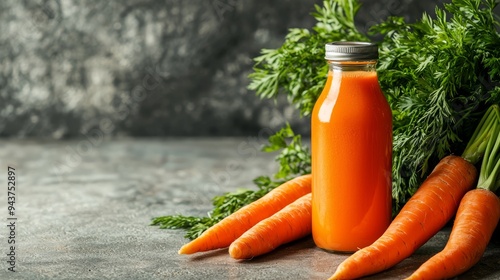 Fresh carrot juice in glass bottle with whole carrots on rustic surface photo