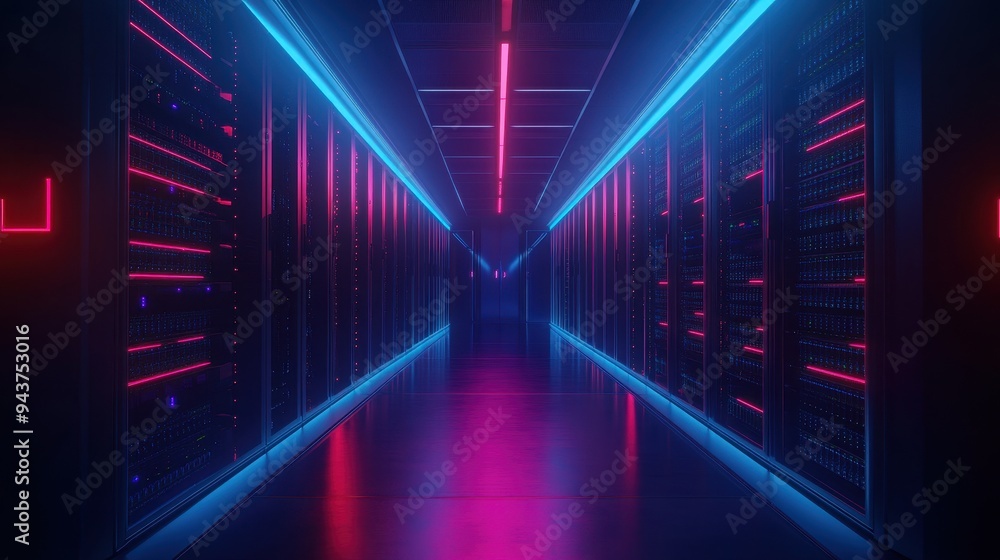 Futuristic Server Room with Neon Lights - Technology Background. Futuristic Server Room with Neon Lights - Technology Background.
