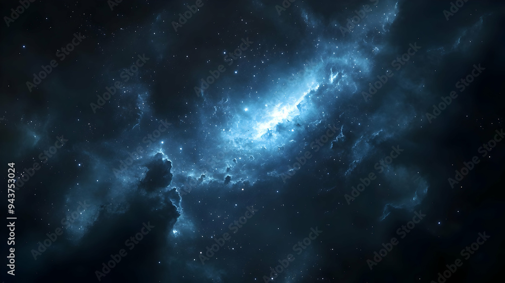 A stunning view of a nebula with a bright blue core surrounded by swirling clouds of gas and dust.