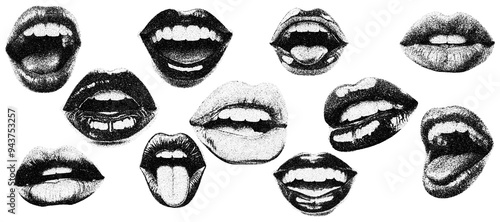 monochrome vector mouth in mezzotint photocopy effect, for grunge punk y2k collage design. lip and tounge talking retro elements. brutalist vintage illustration poster.