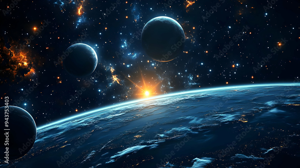 A stunning view of a planet from space with a sunrise in the background. A stunning view of a planet from space with a sunrise in the background.