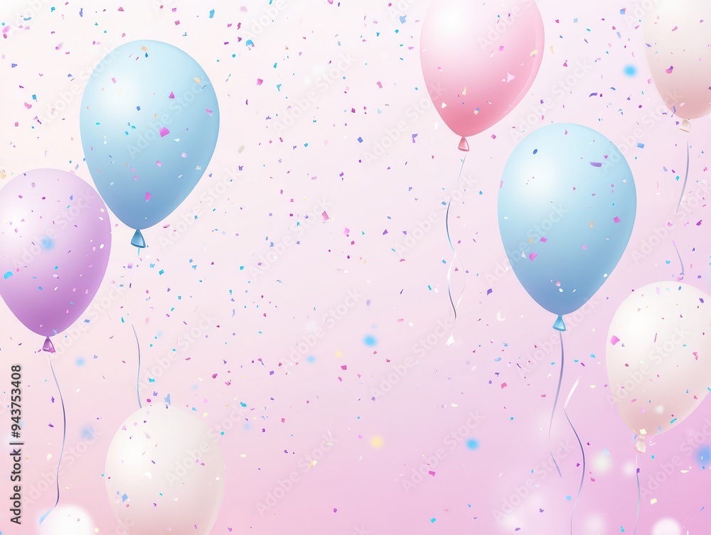 Festive Balloons and Confetti on Pink Background for Celebration or Party Invitation Festive Balloons and Confetti on Pink Background for Celebration or Party Invitation
