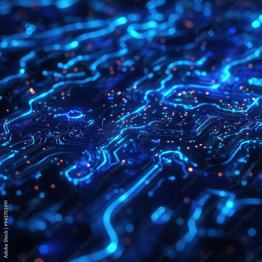 Abstract Blue Circuit Board Background with Glowing Lines and Bokeh Lights. Abstract Blue Circuit Board Background with Glowing Lines and Bokeh Lights.
