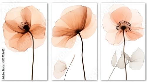 The white and gold flowers in this set of three modern flower wall art panels contrast with a minimalist background photo