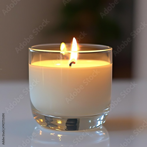 Closeup of a lit white candle in a glass holder, set against a clean, white backdrop, evoking purity and tranquility