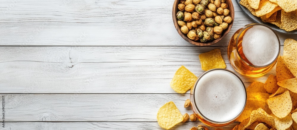 Background with beer and snacks Hops beer chips and nuts Set against a white wooden backdrop Copyspace available for text Top view Background with beer and snacks Hops beer chips and nuts Set against a white wooden backdrop Copyspace available for text Top view