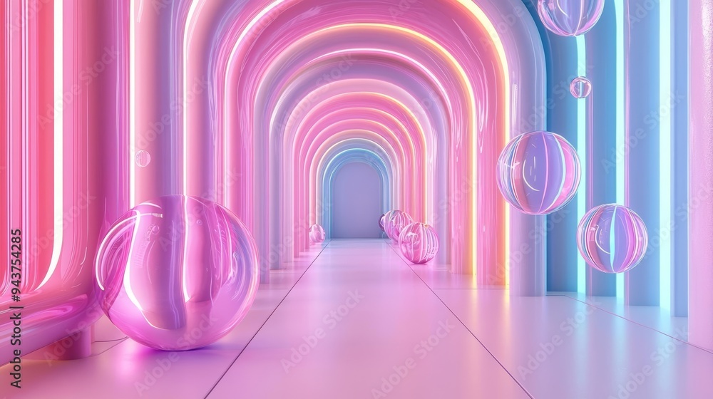 Translucent pastel bubbles float through monochrome futuristic corridors, creating a soft, serene atmosphere with a touch of whimsy Translucent pastel bubbles float through monochrome futuristic corridors, creating a soft, serene atmosphere with a touch of whimsy
