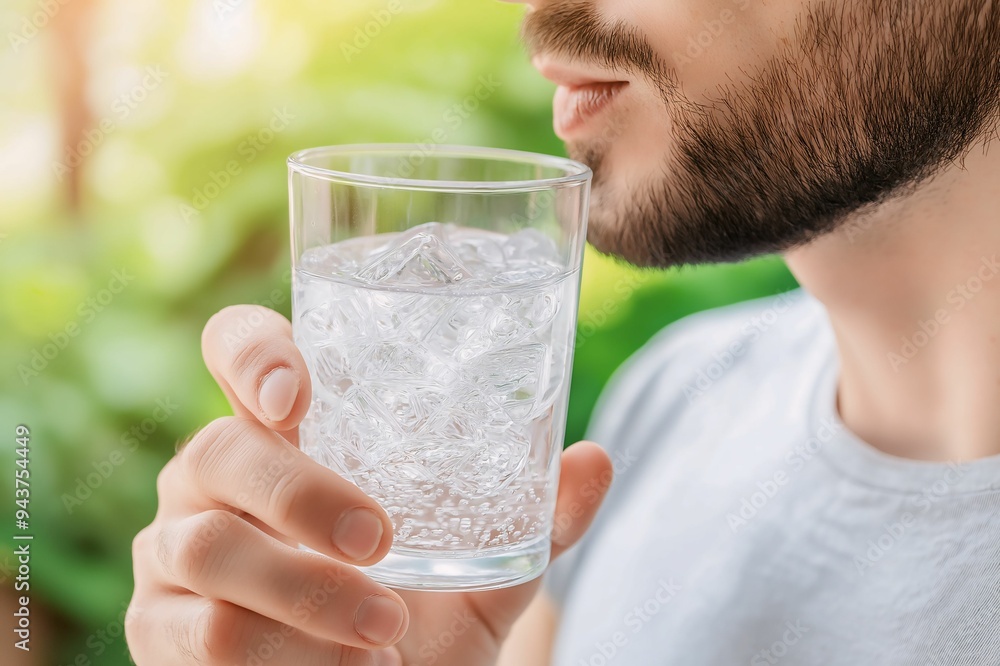 Close-up of a man holding and drinking a glass of cold water filled with ice cubes, highlighting refreshment and hydration. Close-up of a man holding and drinking a glass of cold water filled with ice cubes, highlighting refreshment and hydration.