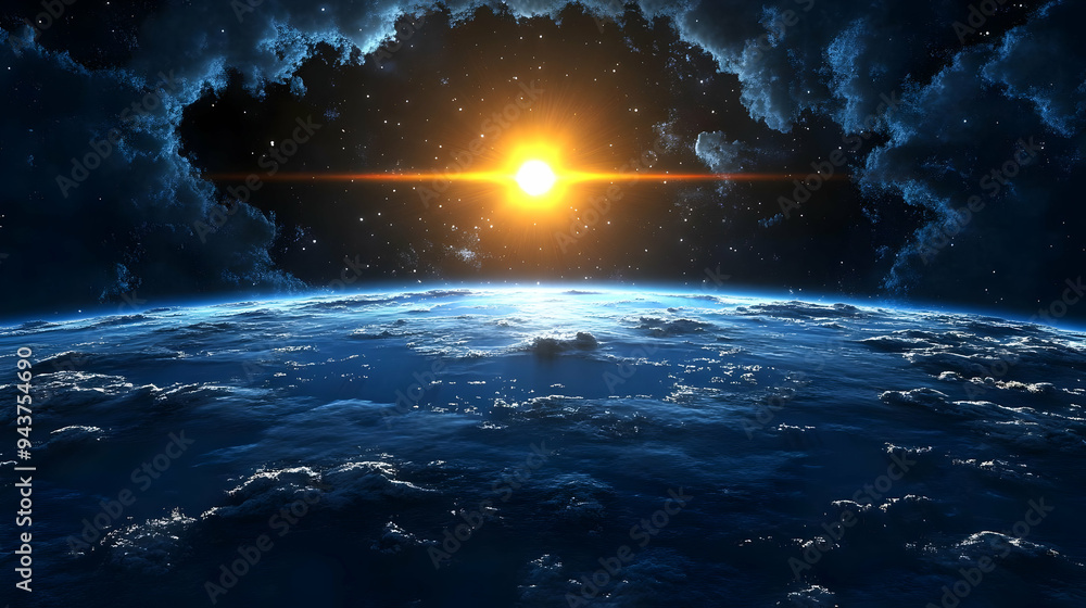 A stunning view of a planet with a sun in the distance. A stunning view of a planet with a sun in the distance.