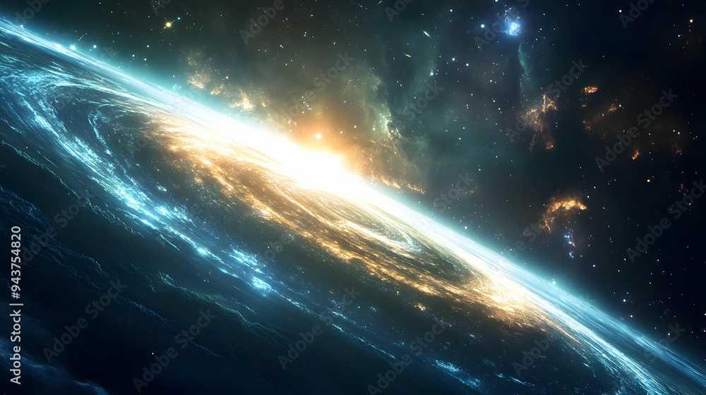 A stunning view of a planet with glowing lights and a starry sky. A stunning view of a planet with glowing lights and a starry sky.