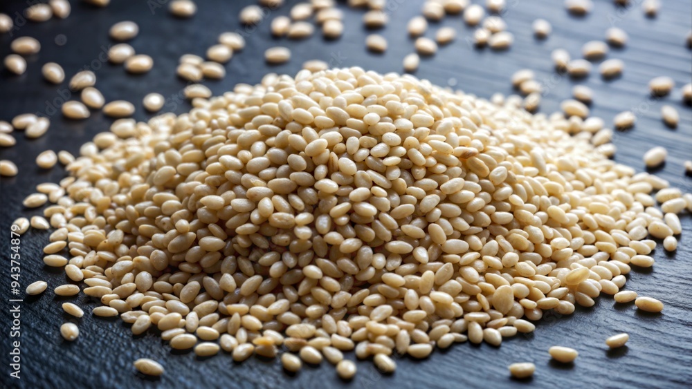 Pile of Raw Sesame Seeds on Dark Wooden Surface, Natural and Healthy Ingredient Pile of Raw Sesame Seeds on Dark Wooden Surface, Natural and Healthy Ingredient