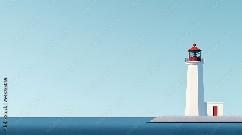 A solitary lighthouse tower stands tall and proud against a clear serene blue sky with plenty of open copy space This picturesque coastal landscape scene offers a tranquil A solitary lighthouse tower stands tall and proud against a clear serene blue sky with plenty of open copy space This picturesque coastal landscape scene offers a tranquil