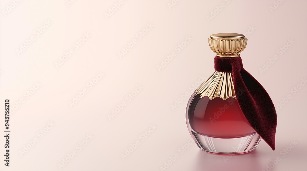 Elegant red perfume bottle with gold details and velvet ribbon, standing on a pink background. The image evokes luxury, beauty and the art of perfumery Elegant red perfume bottle with gold details and velvet ribbon, standing on a pink background. The image evokes luxury, beauty and the art of perfumery