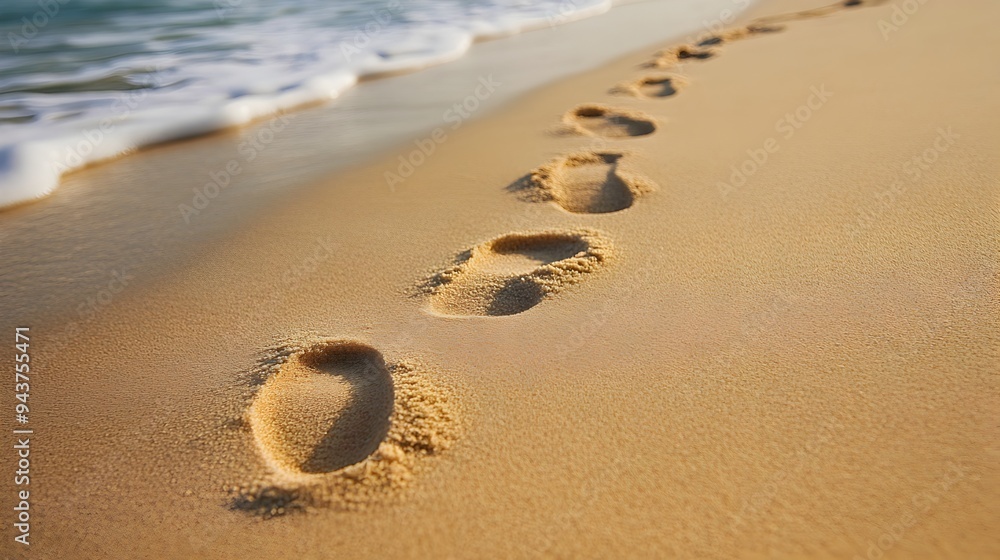 A single line of footprints leading across the serene sandy beach creating a minimalist and peaceful visual with ample copy space for text overlay or design element A single line of footprints leading across the serene sandy beach creating a minimalist and peaceful visual with ample copy space for text overlay or design element