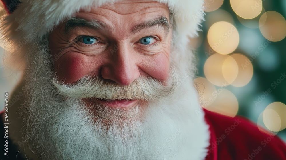Santa claus is smiling while wearing a traditional christmas suit and hat, with soft focus christmas tree lights in the background Santa claus is smiling while wearing a traditional christmas suit and hat, with soft focus christmas tree lights in the background