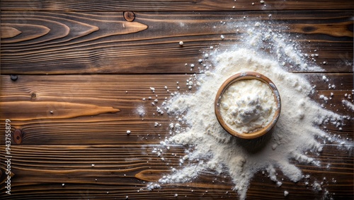 Spilled Flour on Rustic Wooden Surface with Copy Space, Baking Ingredie photo